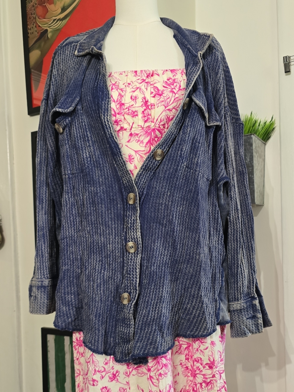 Blue Acid Wash Waffle Henley Button-Front Women’s Shirt Jacket
